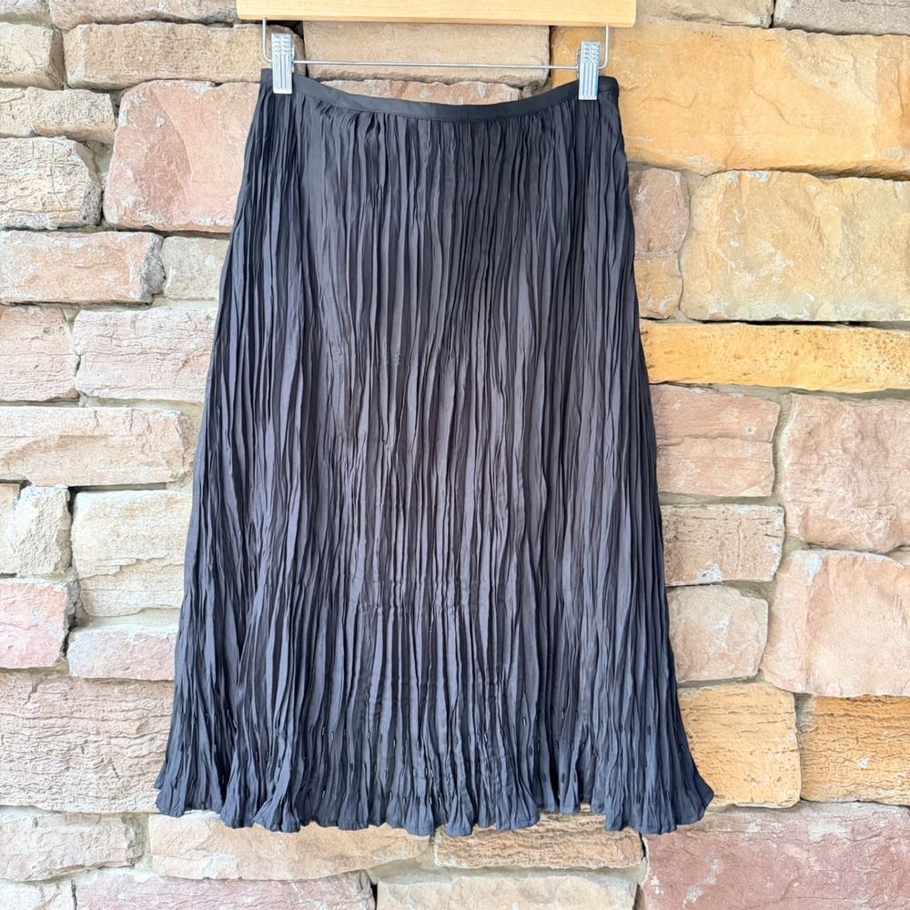 Zalya Women 8 Midi Skirt Black Pleated Crinkle Beaded Hem Side Zip A-Line Party